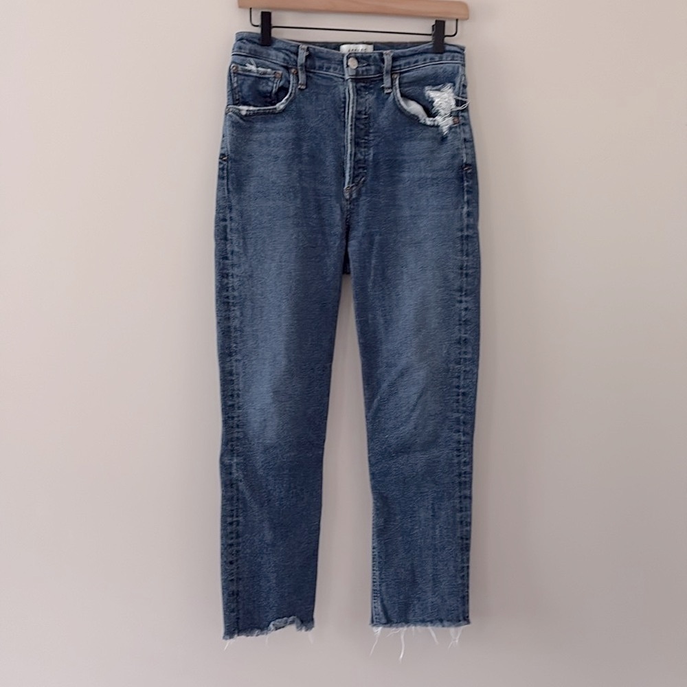AGOLDE Riley High Rise Straight Crop Jeans in Pastime Distressed Button Fly 26‎